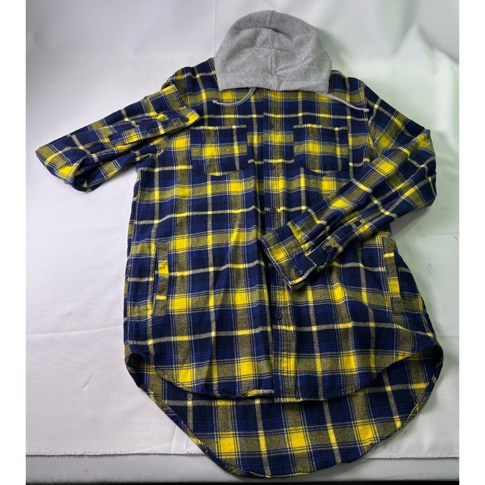 PACSUN Yellow Navy Plaid Flannel Shirt Jacket Hooded Shacket Mens Size M Hip Hop